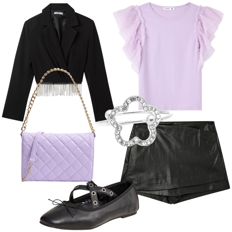 Outfit donna - Lilla. Stile Romantica per Cerimonia. Abbinamento con t-shirt, ballerine, blazer, minigonne, borse a tracolla, anelli.