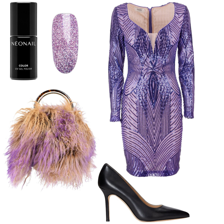 Outfit donna - Serata glamour. Stile Glamour per Serata fuori. Abbinamento con borse a secchiello, smalti, vestiti, décolleté.