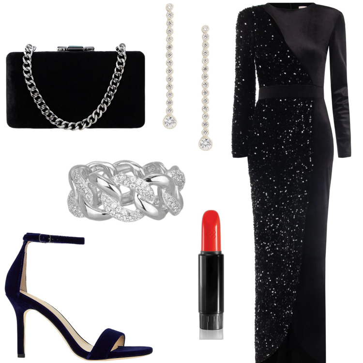 Outfit donna - Brilla a capodanno. Stile Chic per Serata fuori. Abbinamento con rossetti, anelli, vestiti midi/longuette, clutch, orecchini, sandali col tacco.