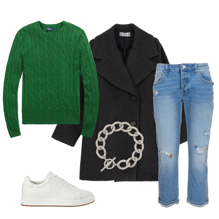 Outfit donna - Inverno brillante. Stile Urban per Tutti i giorni. Abbinamento con cappotti, jeans boyfriend, sneakers, maglieria, braccialetti.