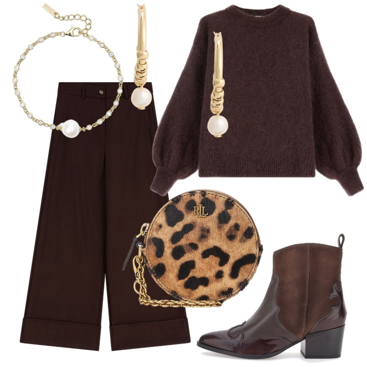 Outfit donna - Minimal per una serata. Stile Minimal per Serata fuori. Abbinamento con braccialetti, pantaloni, maglieria, pochette, orecchini, stivaletti texani.