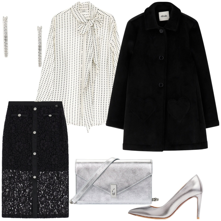 Outfit donna - Nero e argento. Stile Chic per Serata fuori. Abbinamento con décolleté, clutch, orecchini, gonne, cappotti, camicie.