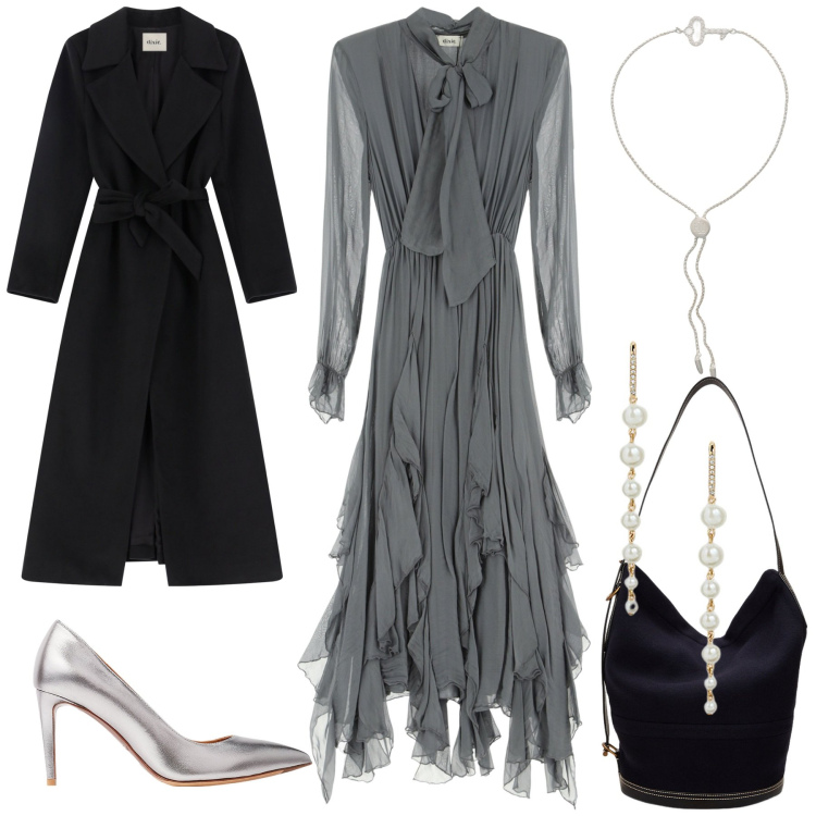 Outfit donna - City of angels. Stile Glamour per Serata fuori. Abbinamento con braccialetti, borse a mano, orecchini, décolleté, vestiti lunghi, cappotti.