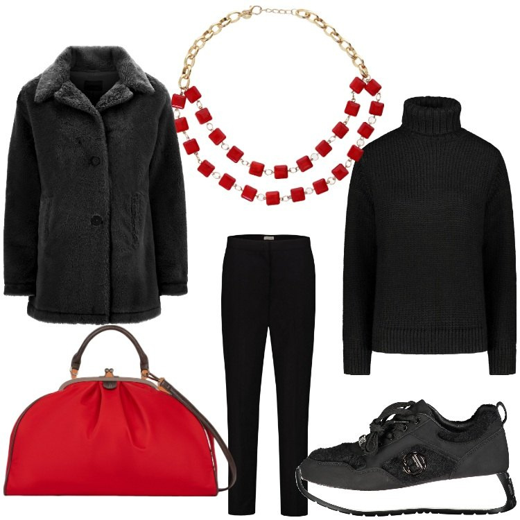 Outfit donna - Dicembre al lavoro. Stile Casual chic per Ufficio. Abbinamento con cappotti, collane, pantaloni, sneakers, maglieria, borse a spalla.