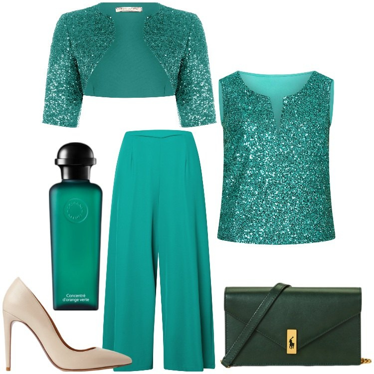 Outfit donna - Aspettando il 2025. Stile Chic per Serata fuori. Abbinamento con profumi, bolero, pantaloni a palazzo, top, décolleté, clutch.