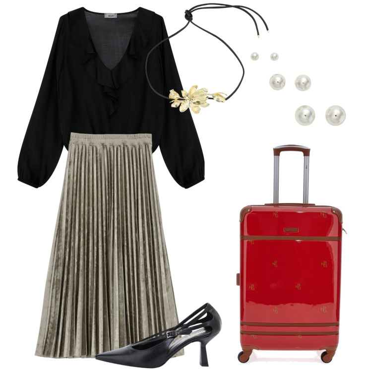 Outfit donna - L\'outfit natalizio in valigia!. Stile Chic per Serata fuori. Abbinamento con orecchini, gonne longuette, bluse, décolleté, collane, valigie.