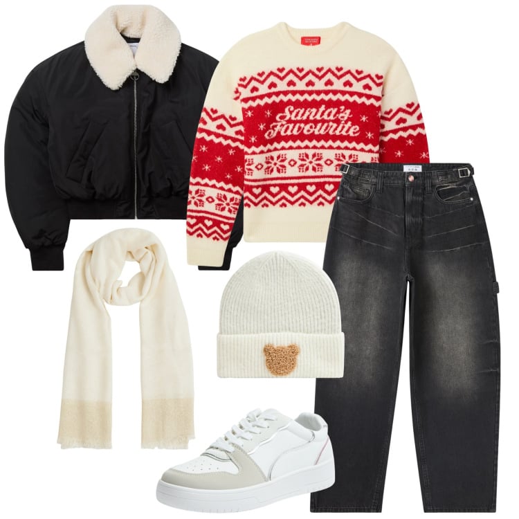 Outfit donna - Xmas Curvy. Stile Casual per Tutti i giorni. Abbinamento con jeans, blazer, maglieria, sneakers, sciarpe, berretti.
