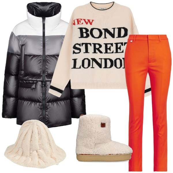 Outfit donna - Street London. Stile Casual per Tutti i giorni. Abbinamento con cappelli, piumini, maglieria, pantaloni, stivaletti.