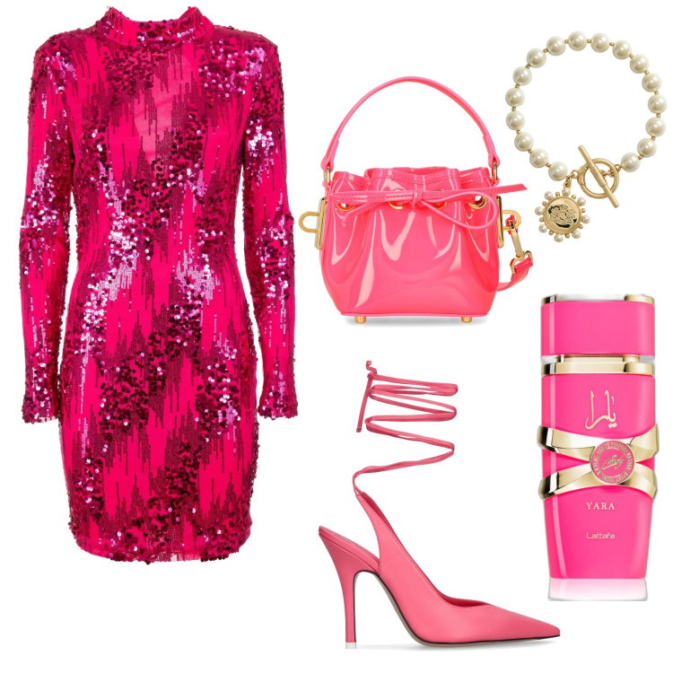 Outfit donna - Festive glam. Stile Glamour per Serata fuori. Abbinamento con profumi, vestiti, braccialetti, décolleté, borse a mano.