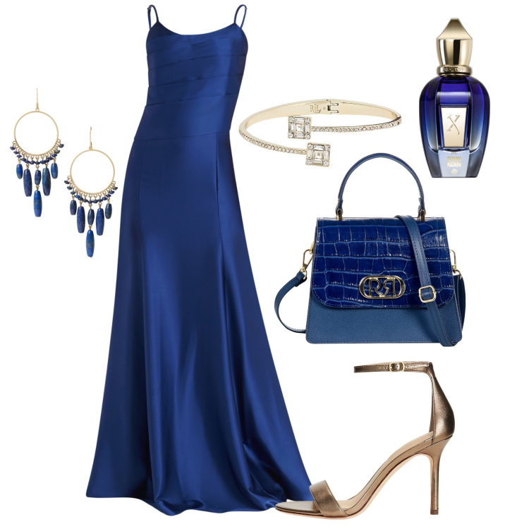 Outfit donna - Brindisi in oro e blu. Stile Chic per Serata fuori. Abbinamento con vestiti lunghi, borse a mano, profumi, sandali in pelle, orecchini, braccialetti.