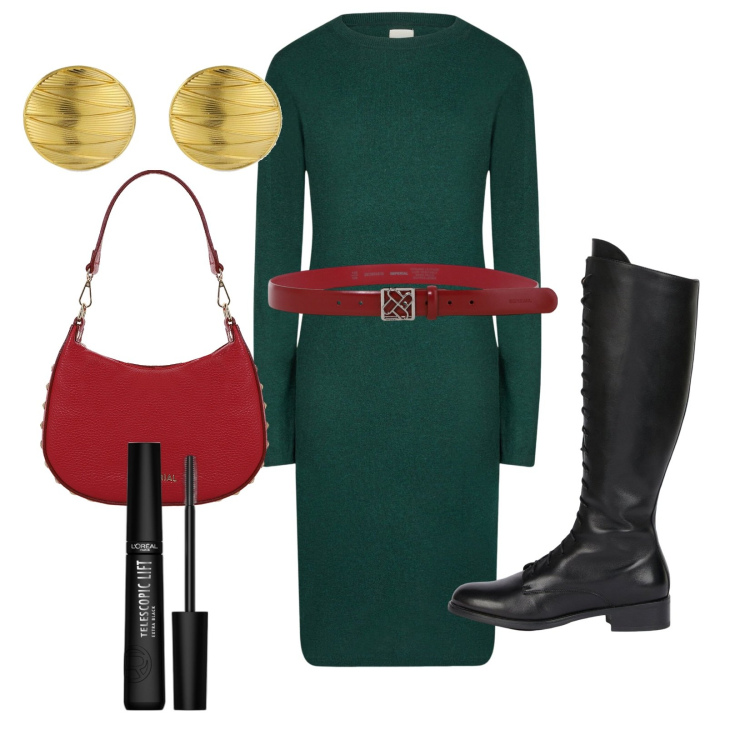 Outfit donna - Smile. Stile Vintage retrò per Tutti i giorni. Abbinamento con mascara, cinture, borse a spalla, vestiti midi/longuette, stivali, orecchini.