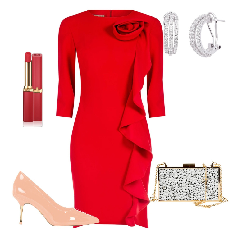 Outfit donna - Happy New Year!. Stile Glamour per Serata fuori. Abbinamento con rossetti, orecchini, vestiti a tubino, décolleté, pochette.