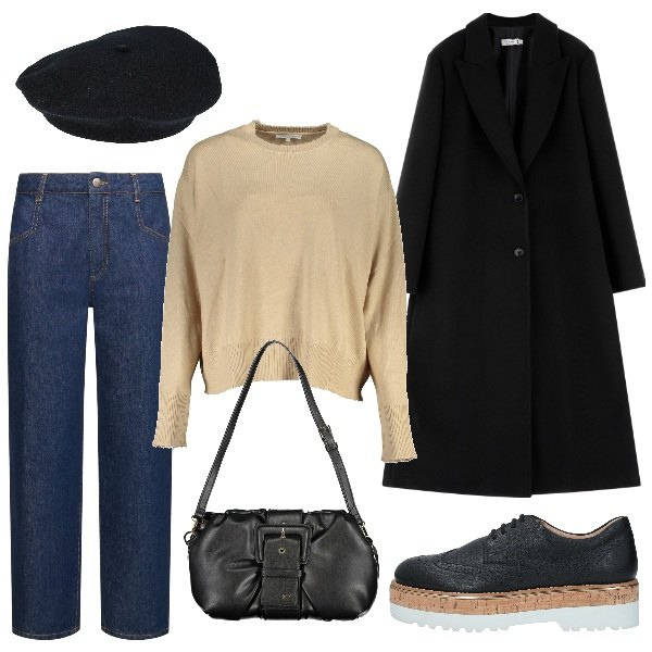 Outfit donna - Metropolitan. Stile Urban per Ufficio. Abbinamento con scarpe stringate, cappelli, cappotti, borse a mano, maglieria, jeans.