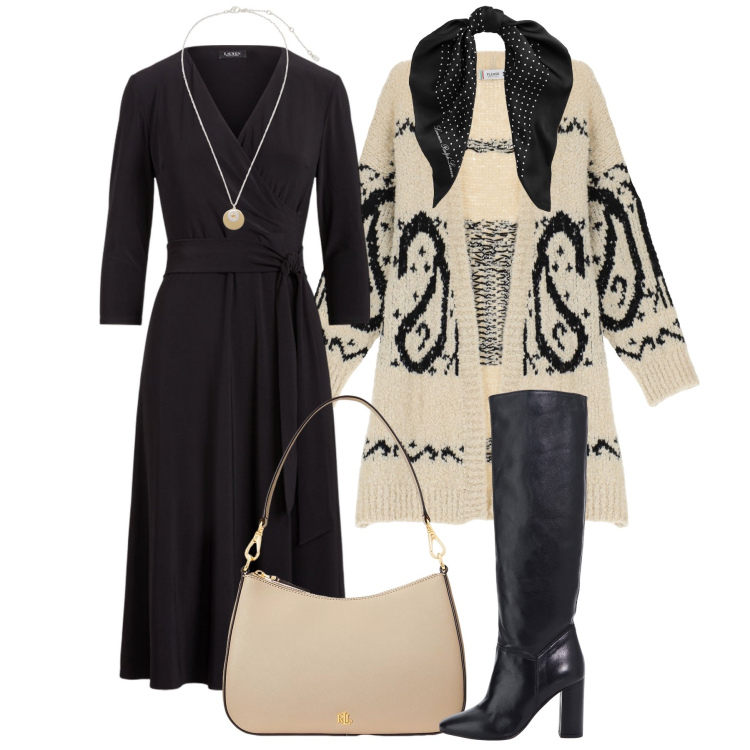 Outfit donna - Ufficio curvy, calda e sofisticata. Stile Glamour per Ufficio. Abbinamento con cardigans, stivali, foulard, borse a spalla, vestiti, collane.