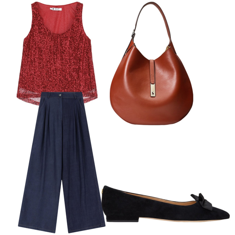 Outfit donna - Aperitivo. Stile Trendy per Tutti i giorni. Abbinamento con top, jeans, ballerine, borse a spalla.