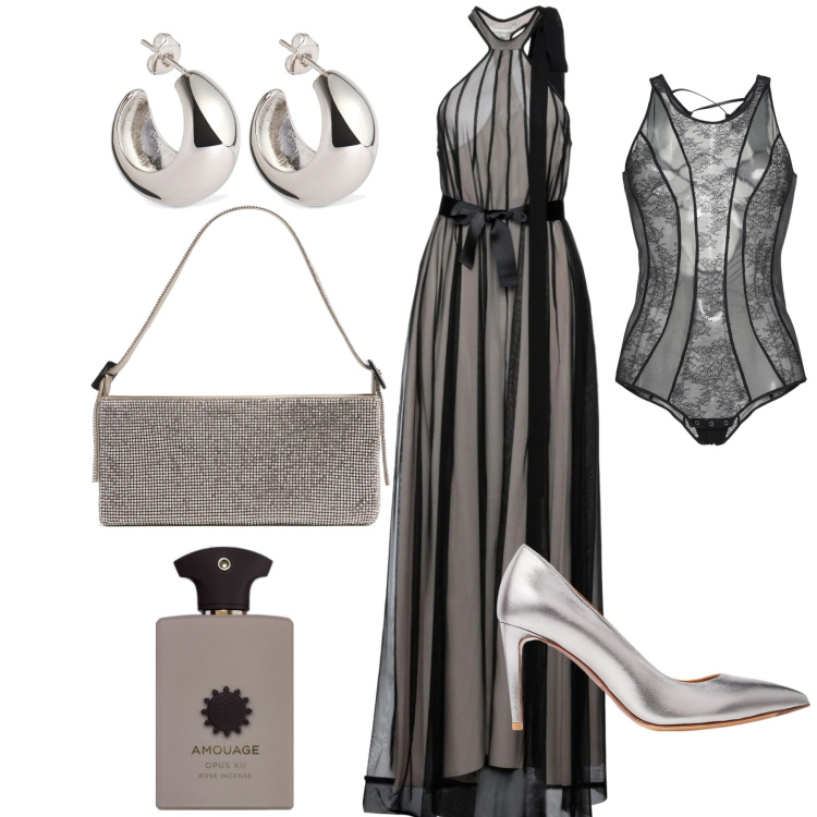 Outfit donna - Tulle bicolore. Stile Glamour per Serata fuori. Abbinamento con vestiti lunghi, body, profumi, décolleté, borse a spalla, orecchini.