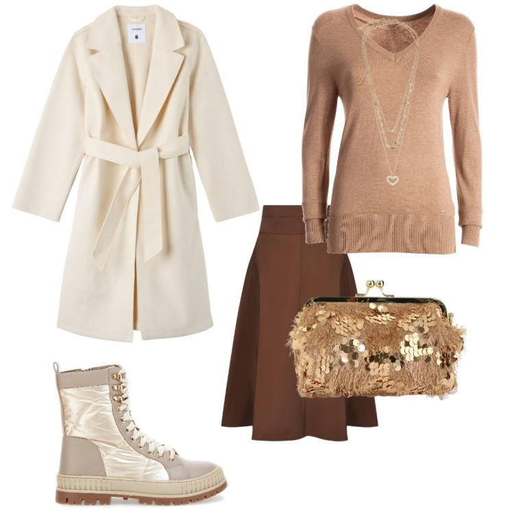 Outfit donna - Total look #2022371. Stile Casual per Tutti i giorni. Abbinamento con cappotti, collane, maglieria, borse a spalla, stivaletti, gonne.