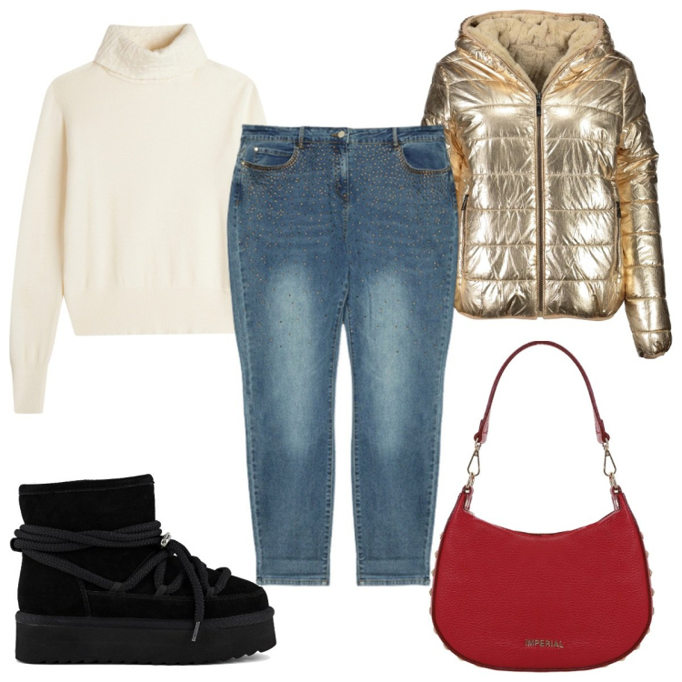 Outfit donna - Il mio dicembre in jeans. Stile Trendy per Tutti i giorni. Abbinamento con borse a spalla, maglieria, stivaletti, piumini, jeans slim fit.
