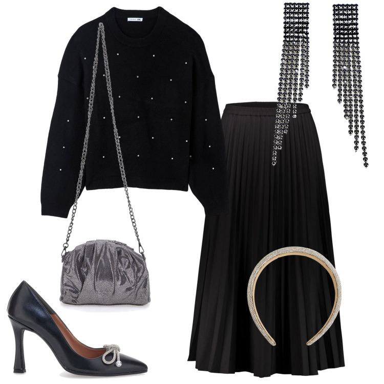 Outfit donna - Dettagli luminosi. Stile Chic per Serata fuori. Abbinamento con cerchietti, maglieria, orecchini, gonne lunghe, décolleté, pochette.