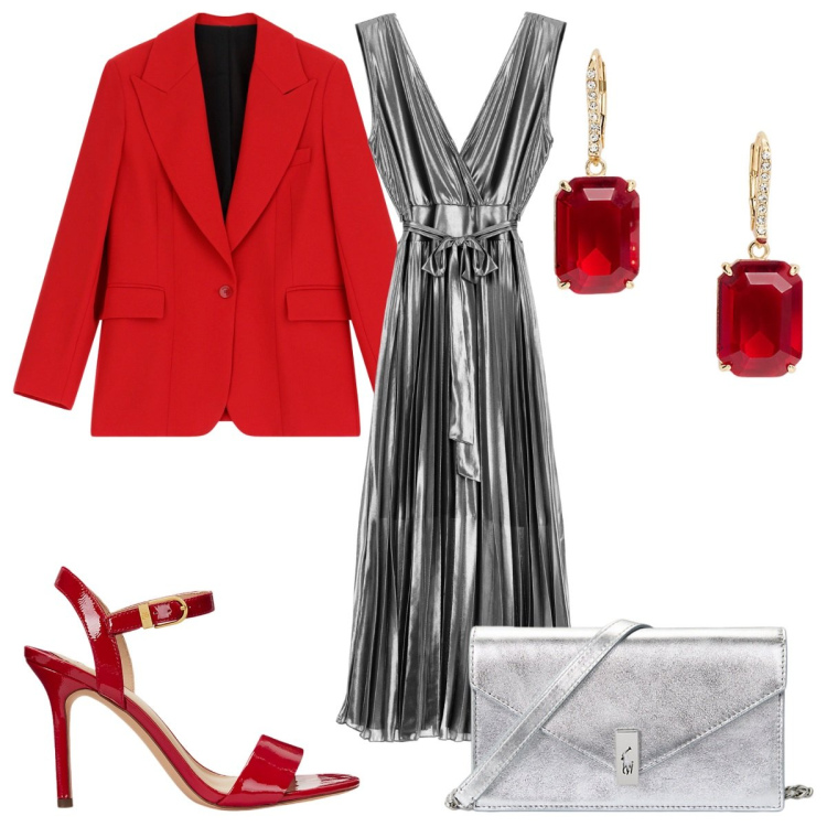 Outfit donna - Brilla a Capodanno: rosso e argento. Stile Glamour per Serata fuori. Abbinamento con vestiti midi/longuette, blazer, sandali col tacco, clutch, orecchini.