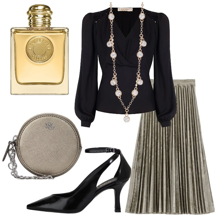 Outfit donna - Dettagli luminosi Donna Curvy. Stile Chic per Serata fuori. Abbinamento con profumi, collane, bluse, pochette, gonne longuette, décolleté.