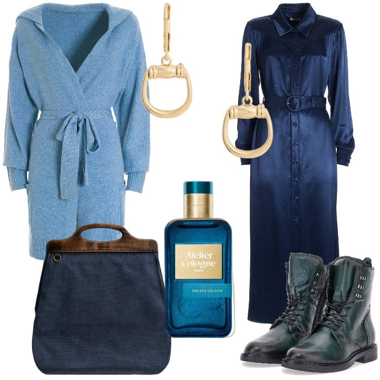 Outfit donna - Layering sofisticato - Focus Donna Curvy. Stile Trendy per Tutti i giorni. Abbinamento con profumi, vestiti chemisier, cardigans, orecchini, borse a tracolla, anfibi.