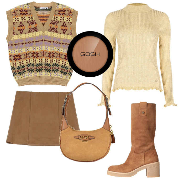 Outfit donna - Total look #2022421. Stile Trendy per Tutti i giorni. Abbinamento con stivali, terre, maglieria, gilet, minigonne, borse a spalla.