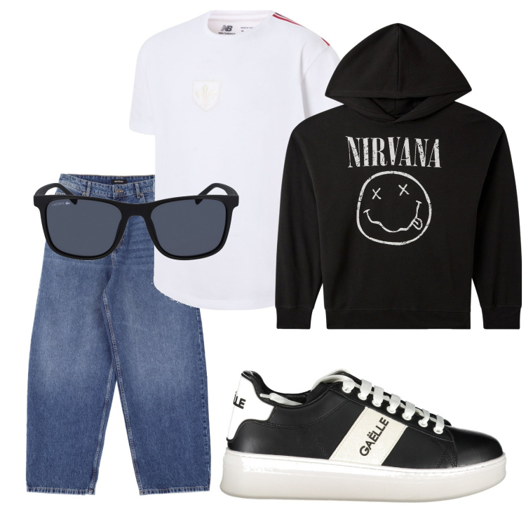 Outfit uomo - Total look #2022425. Stile Urban per Tutti i giorni. Abbinamento con t-shirt, felpe con cappuccio, jeans, sneakers, occhiali da sole.