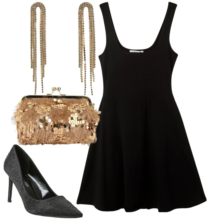 Outfit donna - Accessori brillanti. Stile Glamour per Serata fuori. Abbinamento con décolleté, orecchini, vestiti, borse a spalla.