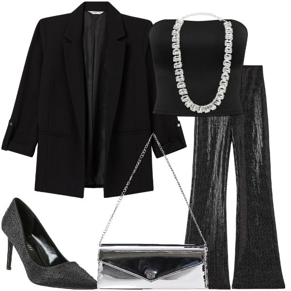 Outfit donna - Total look #2022431. Stile Chic per Serata fuori. Abbinamento con blazer, décolleté, leggings, top, collane, pochette.
