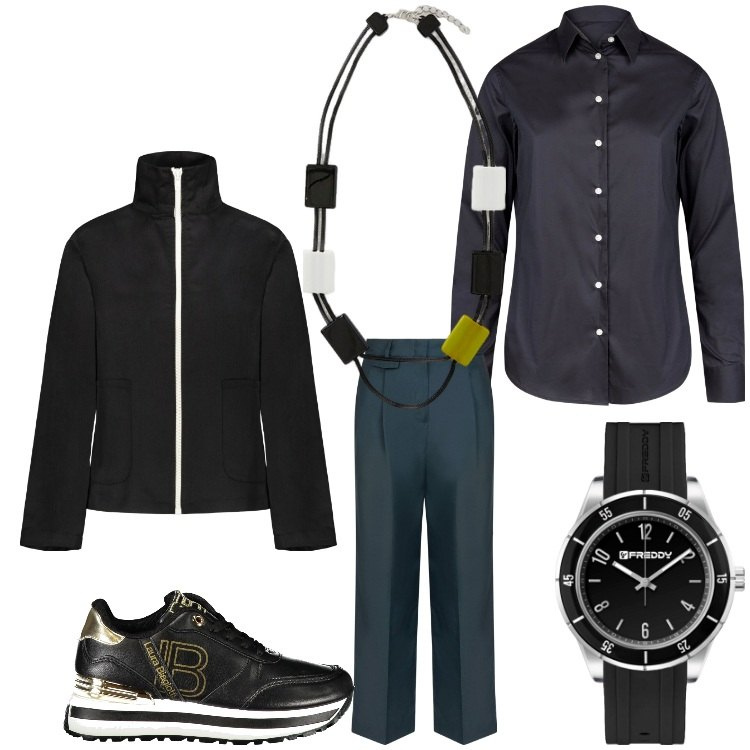 Outfit donna - Dicembre e accessori. Stile Chic per Ufficio. Abbinamento con orologi, blazer, camicie, sneakers, pantaloni, collane.