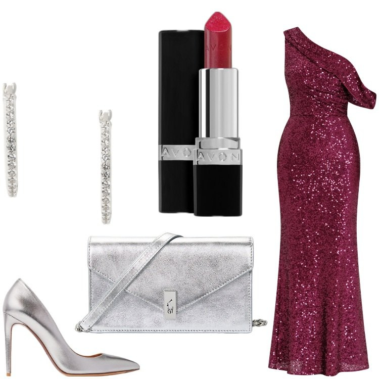 Outfit donna - Serata d´argento. Stile Chic per Serata fuori. Abbinamento con rossetti, vestiti asimmetrici, décolleté, clutch, orecchini.