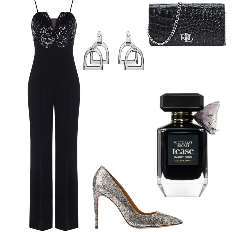 Outfit donna - Victoria\'s secrets. Stile Glamour per Serata fuori. Abbinamento con profumi, tute, orecchini, borse a mano, décolleté.