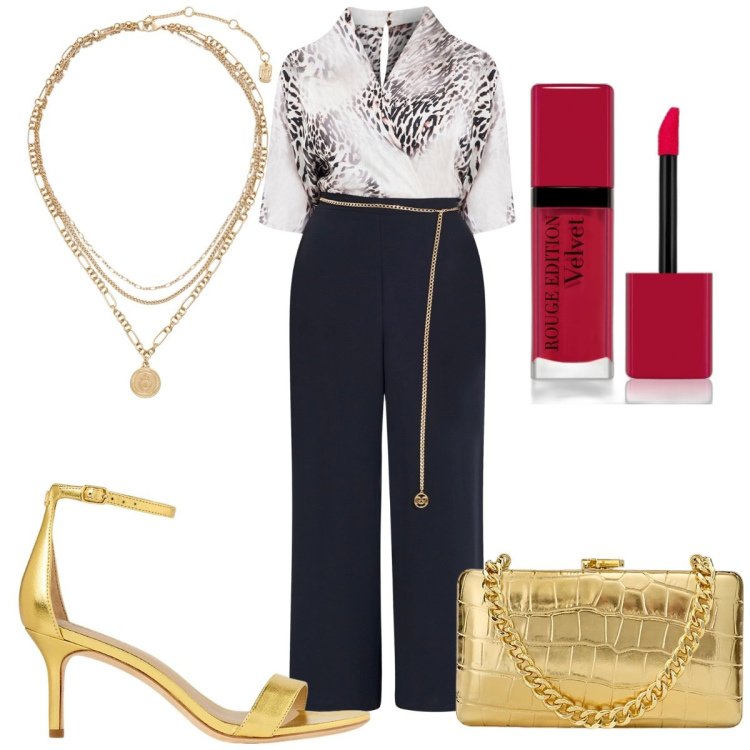 Outfit donna - Brilla a Capodanno: Capodanno d\'oro. Stile Trendy per Serata fuori. Abbinamento con rossetti, tute, ciondoli, clutch, sandali in pelle.