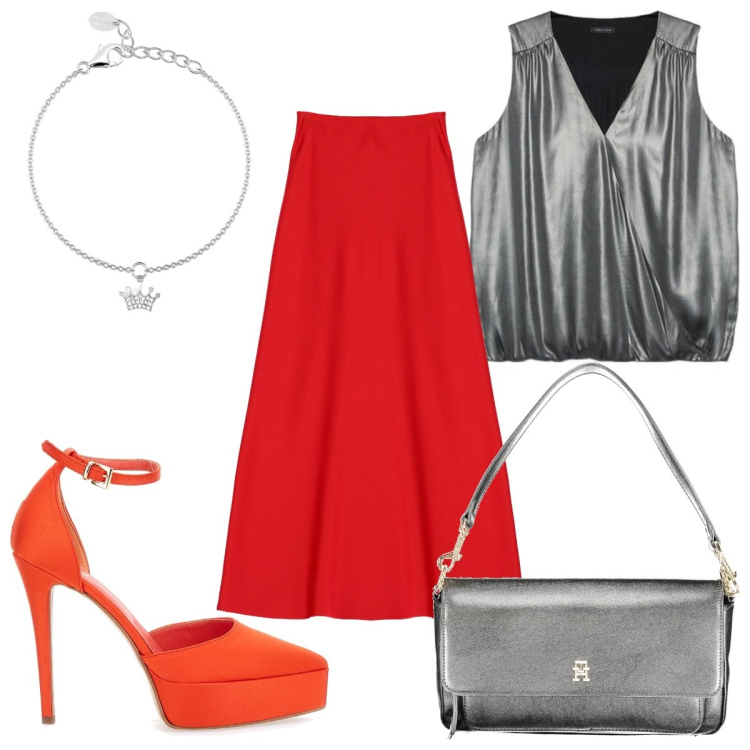 Outfit donna - Dettagli luminosi: serata di festa. Stile Glamour per Serata fuori. Abbinamento con braccialetti con ciondoli, gonne lunghe, décolleté, top, borse a spalla.