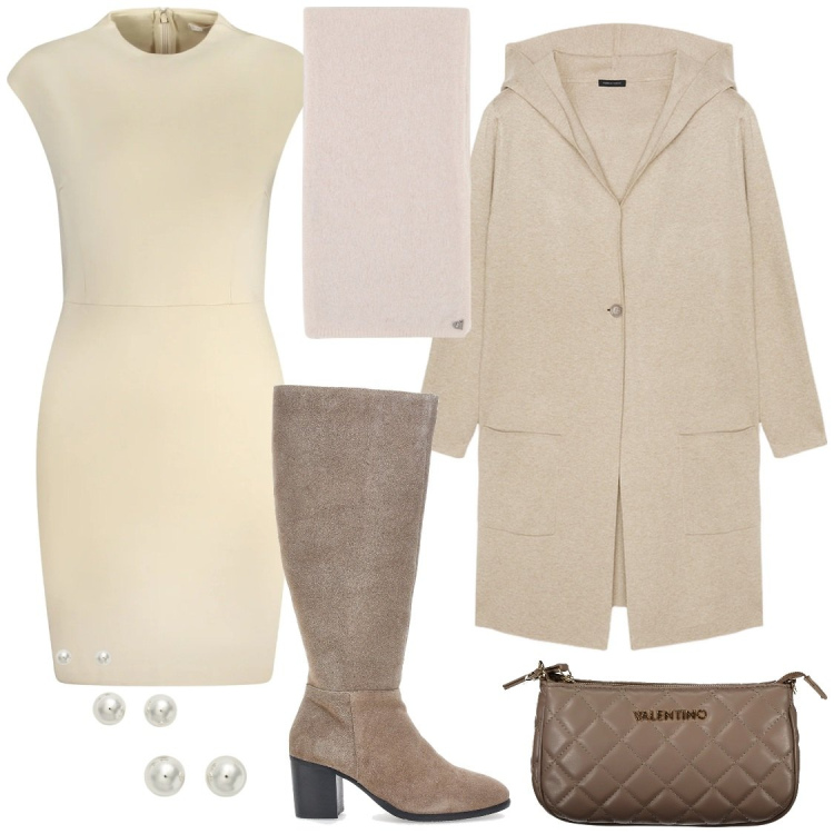 Outfit donna - Dal bianco al beige. Stile Bon Ton per Tutti i giorni. Abbinamento con stole, orecchini, stivali, cardigans, vestiti corti, borse a spalla.