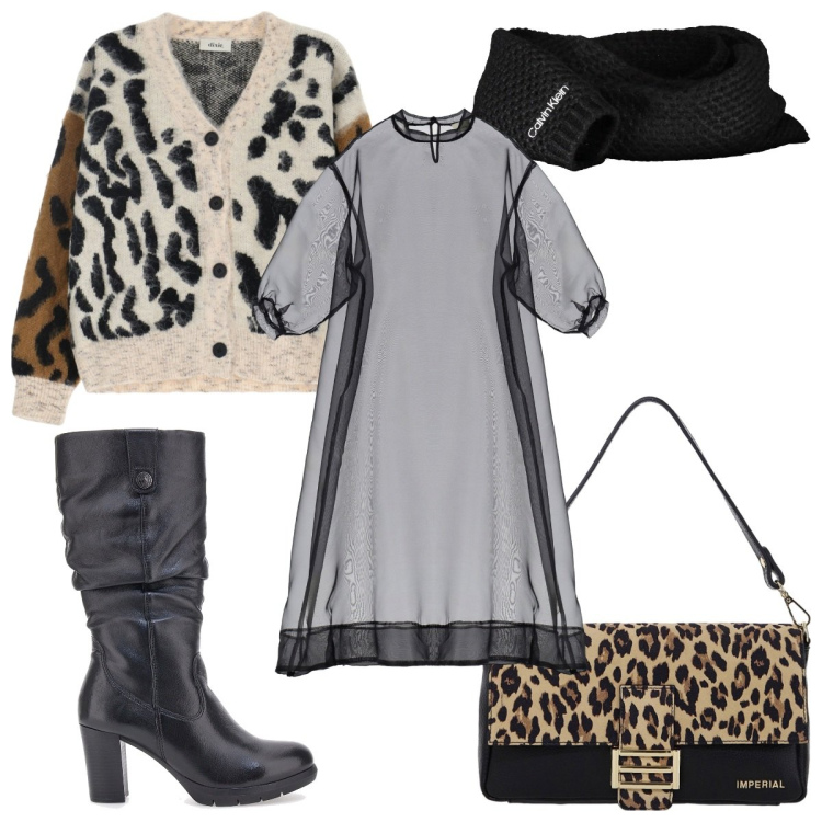 Outfit donna - Layering sofisticato: animalier. Stile Trendy per Tutti i giorni. Abbinamento con borse a spalla, vestiti midi/longuette, cardigans, stivali, sciarpe.