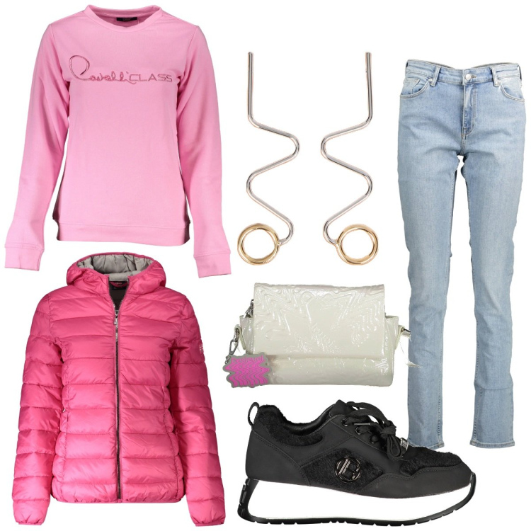 Outfit donna - Eccomi!. Stile Preppy per Tutti i giorni. Abbinamento con orecchini, blazer, felpe, sneakers, jeans, borse a tracolla.