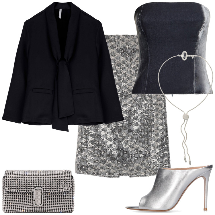 Outfit donna - Audace. Stile Sexy per Serata fuori. Abbinamento con blazer, braccialetti, gonne, pantofole, top, borse a spalla.