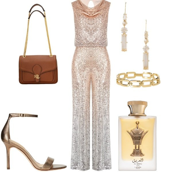 Outfit donna - Brilla a Capodanno. Stile Glamour per Serata fuori. Abbinamento con profumi, tute, braccialetti, sandali in pelle, orecchini, borse a spalla.