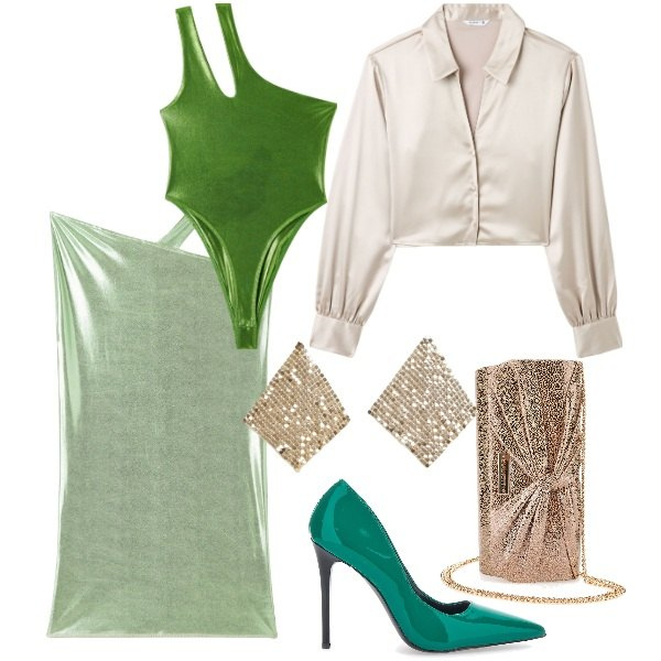 Outfit donna - Dettagli luminosi TERRANOVA. Stile Glamour per Serata fuori. Abbinamento con gonne longuette, body, camicie, orecchini, pochette, décolleté.