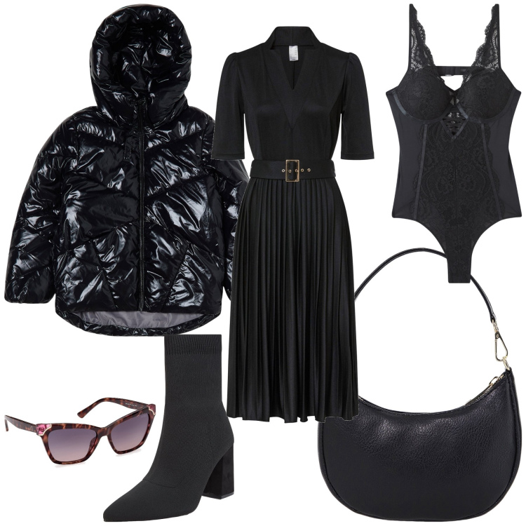 Outfit donna - Total look. Stile Bon Ton per Tutti i giorni. Abbinamento con vestiti midi/longuette, body, blazer, stivaletti, borse a spalla, occhiali da sole.