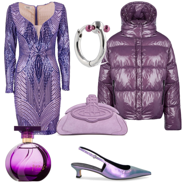 Outfit donna - Violetta. Stile Chic per Serata fuori. Abbinamento con profumi, vestiti, blazer, décolleté, pochette, orecchini.