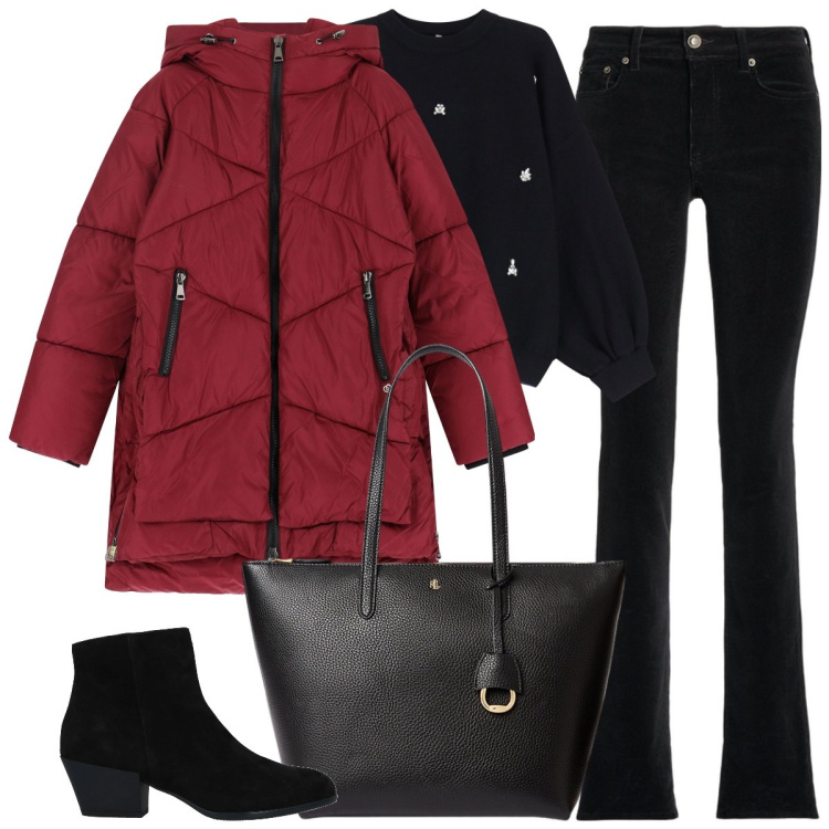 Outfit donna - Il piumino bordeaux. Stile Casual chic per Tutti i giorni. Abbinamento con stivaletti, piumini, pullovers, pantaloni, borse tote.