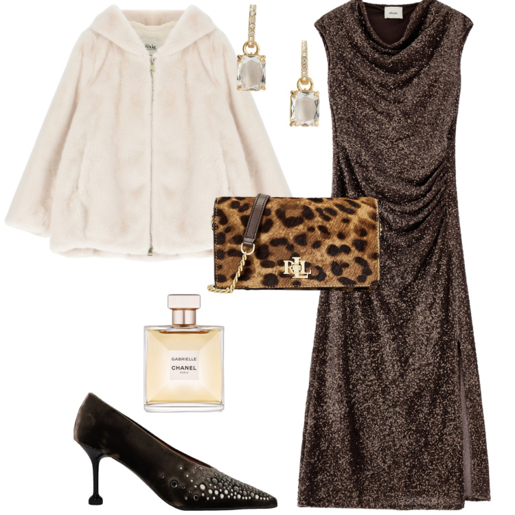 Outfit donna - Total look #2022523. Stile Bon Ton per Serata fuori. Abbinamento con profumi, blazer, décolleté, vestiti asimmetrici, orecchini, borse a mano.