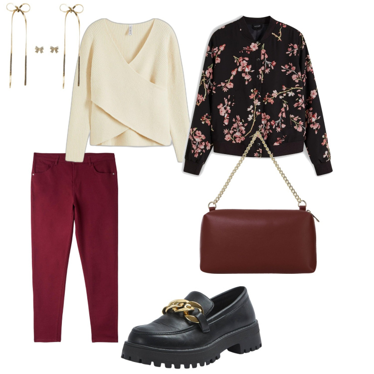 Outfit donna - Pre vigilia si natale. per Tutti i giorni. Abbinamento con maglieria, bomber, pantaloni, mocassini, orecchini, borse a tracolla.