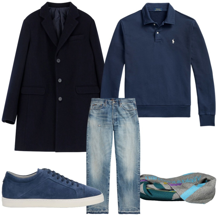 Outfit uomo - Blu. Stile Trendy per Tutti i giorni. Abbinamento con sneakers, cappotti, felpe, jeans dritti, sciarpe.