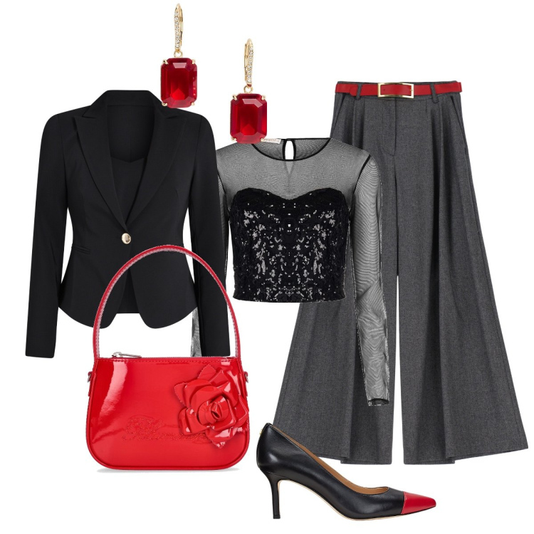 Outfit donna - Il rosso ravviva. Stile Glamour per Serata fuori. Abbinamento con blazer, top, pantaloni, décolleté, orecchini, borse a mano.