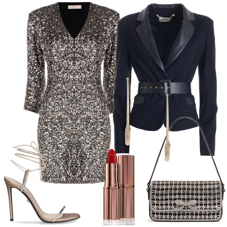 Outfit donna - Glam. Stile Glamour per Serata fuori. Abbinamento con rossetti, vestiti midi/longuette, blazer, orecchini, borse a spalla, sandali col tacco.