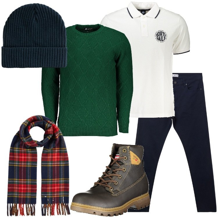 Outfit uomo - Idee regalo natalizie. Stile Casual per Tutti i giorni. Abbinamento con pantaloni skinny, berretti, sciarpe, maglieria, polo, stivali.